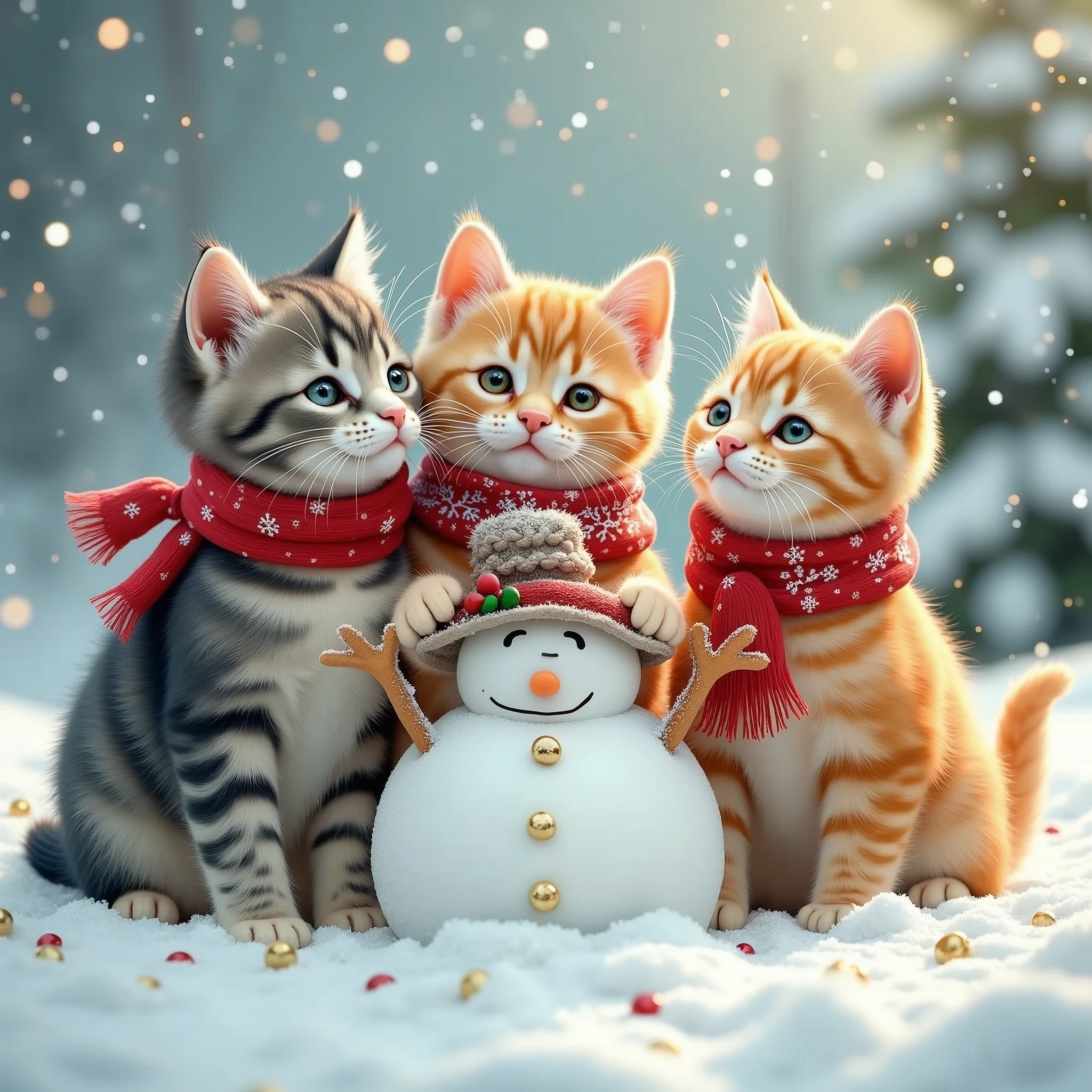 A group of three cats wearing Christmas scarves, playing in the snow with a snowman, detailed, cute, whimsical, soft pastel colors, warm lighting, magical winter scene, detailed feline features, expressive cat faces, fluffy cat fur, intricate snowflakes, sparkling snow, (best quality,8k,masterpiece:1.2),ultra-detailed,(realistic,photorealistic:1.37),warm holiday atmosphere 16k