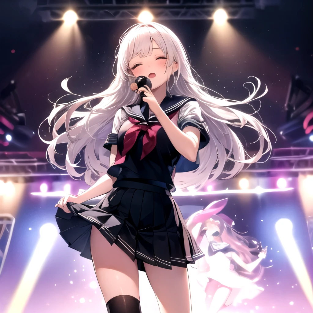 Sailor suit schoolgirl、Singing using a microphone stand、Eyes closed、Singing on the stage at the gym、long hair is disheveled、Cute school girl、Wearing a black sailor suit、White Hair、The spotlight shines all over、Standing upright、Black socks、Pleated skirt is separate、Singing in front of a stand microphone、