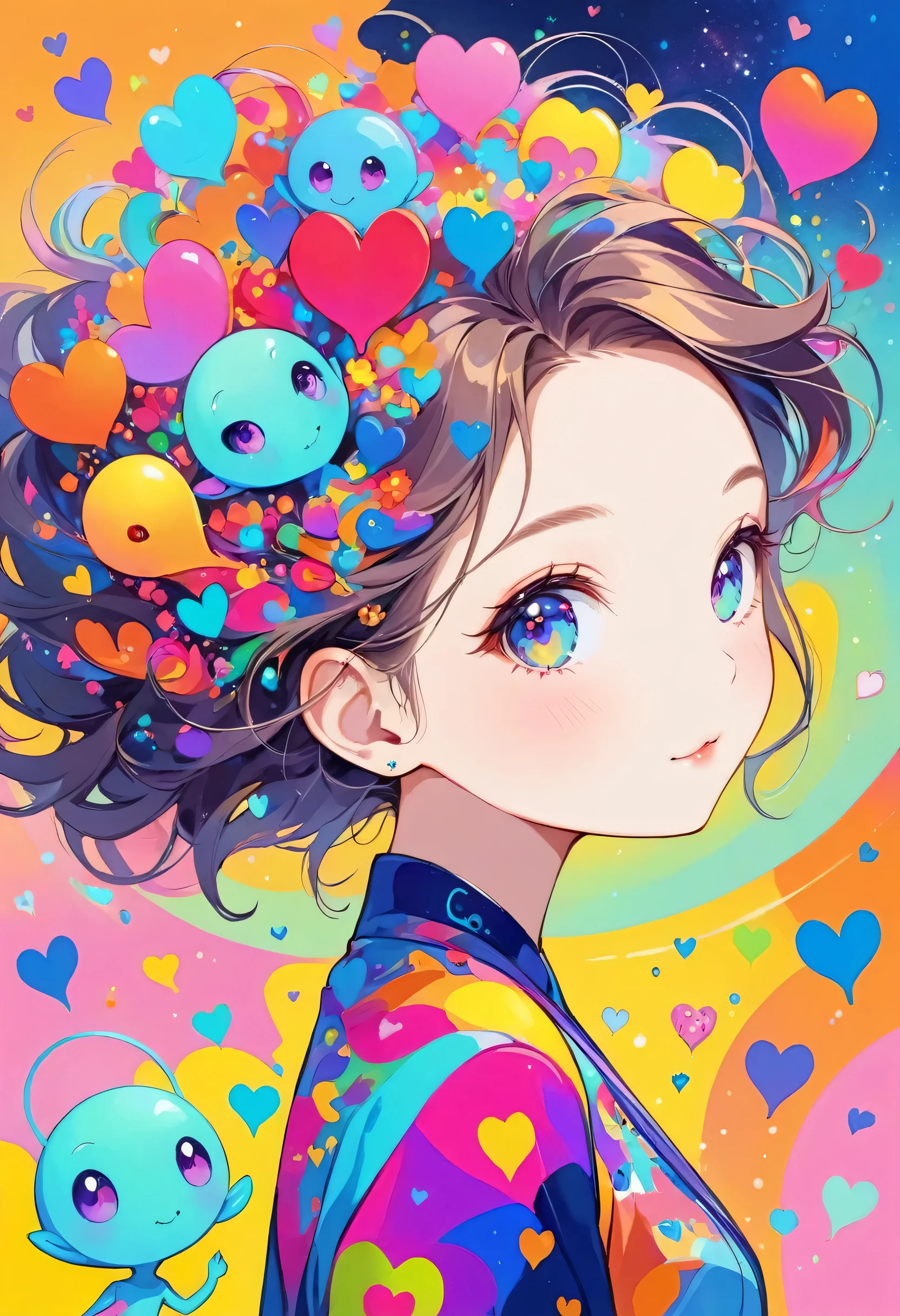 Seizo Watase olorfull style, Simple Line Initialism,Abstract art,(((The most beautiful girl of all time))), Sweet face. colorful hearts, stylish design, (((Cute Aliens))), The background is space