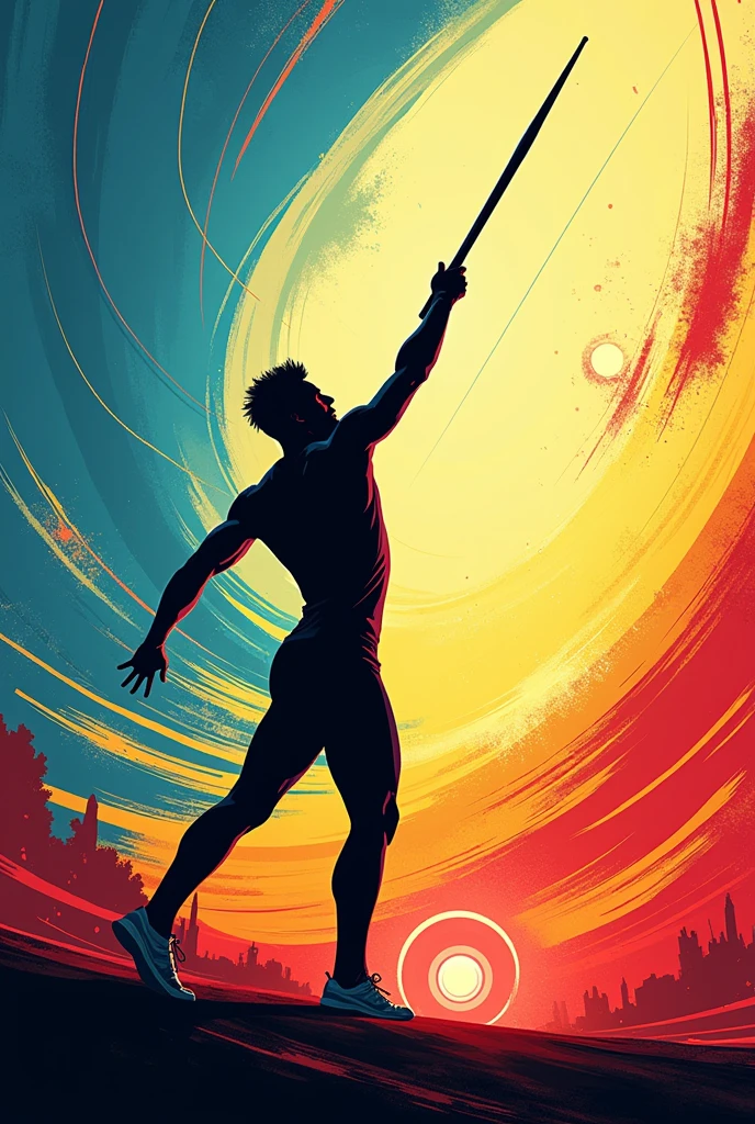 Design a powerful visual showcasing a dynamic silhouette of a javelin thrower, inspired by Arshad Nadeem's iconic throw. Integrate vibrant colors like deep blue, electric yellow, and vibrant red to represent focus, creativity, and energy. Surround the figure with abstract elements that convey strategic targeting and business growth, with the javelin aiming towards a glowing target symbolizing success."This should create an impactful, inspiring image while respecting copyright guidelines.