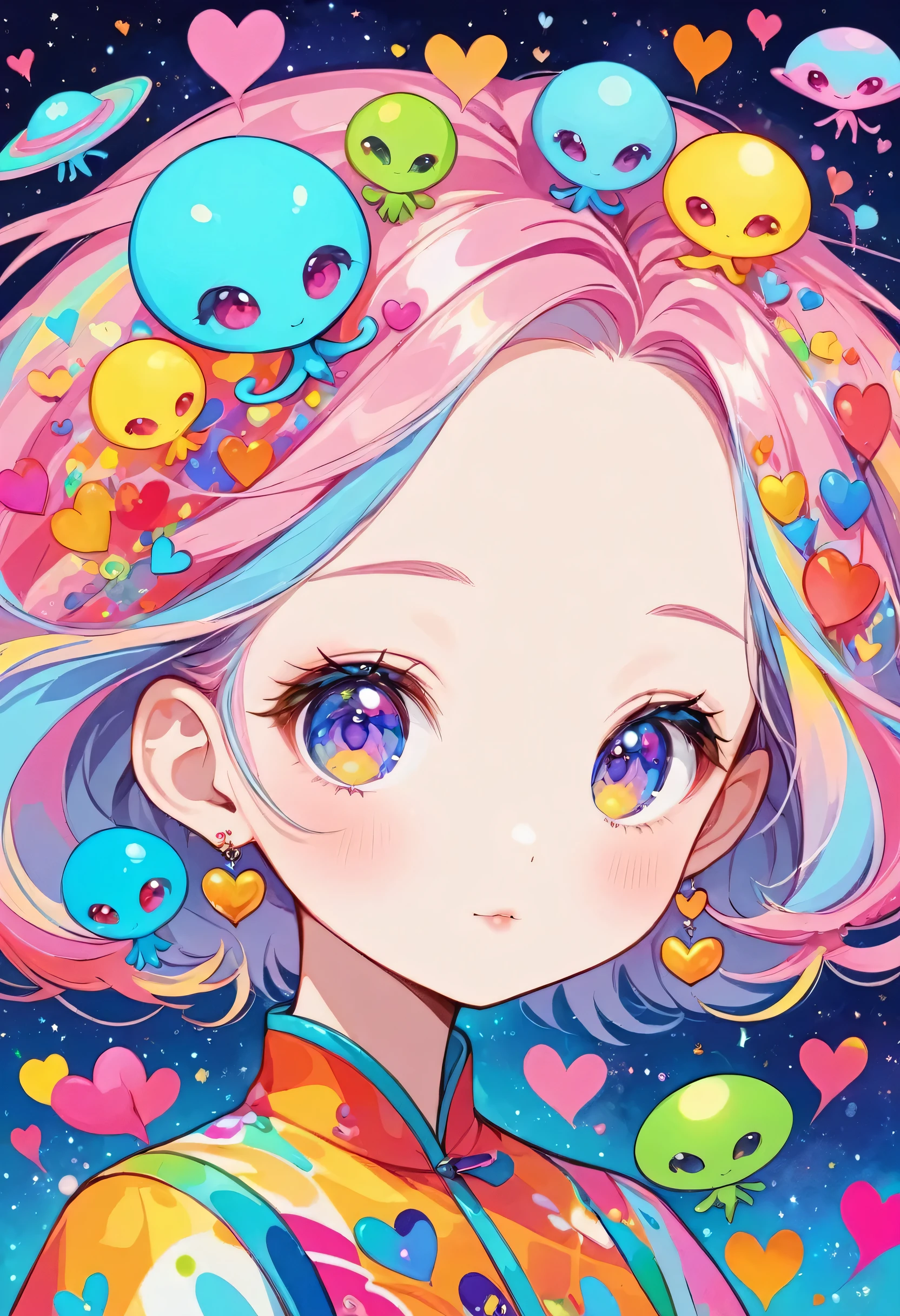 Seizo Watase olorfull style, Simple Line Initialism，Abstract art，(((The most beautiful girl of all time))), Sweet face. colorful hearts, stylish design, (((Cute Aliens))), The background is space