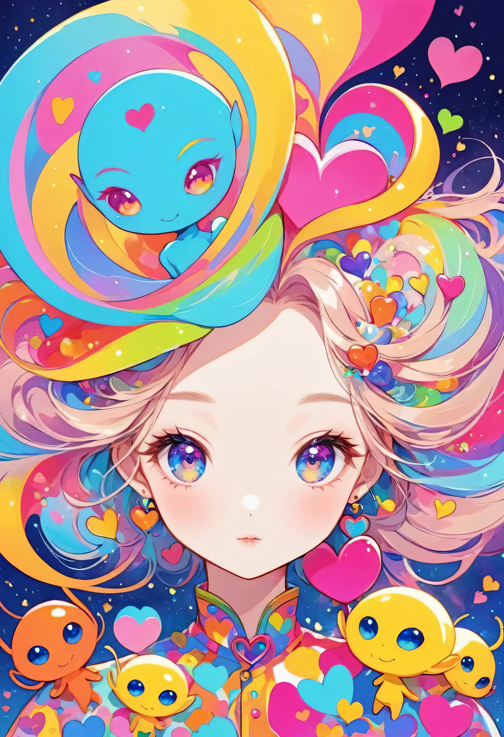 Seizo Watase olorfull style, Simple Line Initialism,Abstract art,(((The most beautiful girl of all time))), Sweet face. colorful hearts, stylish design, (((Cute Aliens))), The background is space