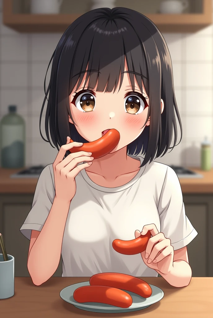 Holding a sausage with one hand, holding the sausage in her mouth and preparing to eat it, Japanese girl realistic style
