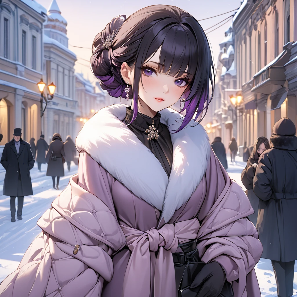 ((Highest quality)), ((masterpiece)), (detailed), （Perfect Face）、The woman is Shinobu Kocho, a Russian with black hair in a purple gradient bob style, tied up in a formal evening hairstyle.、In the winter streets of Russia, a woman is beautifully dressed in everyday Russian winter clothes and luxurious accessories.