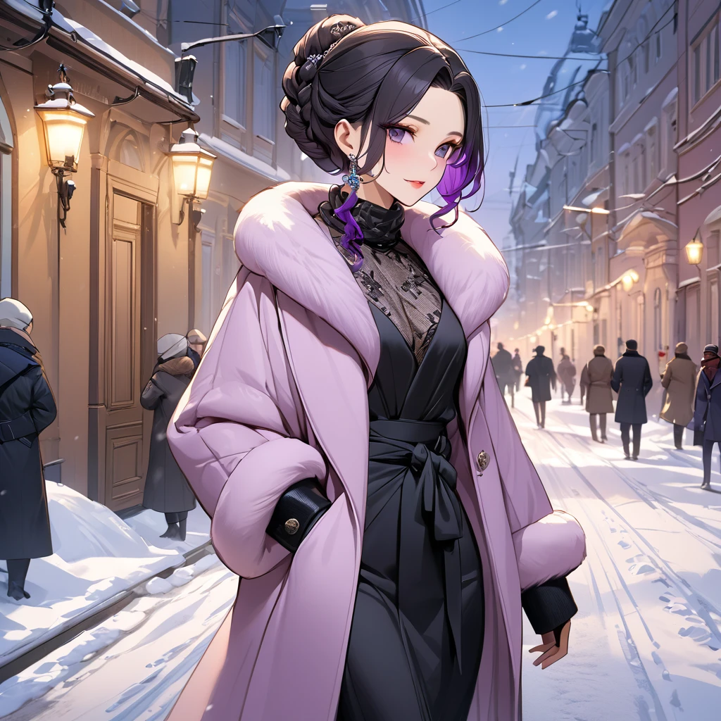 ((Highest quality)), ((masterpiece)), (detailed), （Perfect Face）、The woman is Shinobu Kocho, a Russian with black hair in a purple gradient bob style, tied up in a formal evening hairstyle.、In the winter streets of Russia, a woman is beautifully dressed in everyday Russian winter clothes and luxurious accessories.