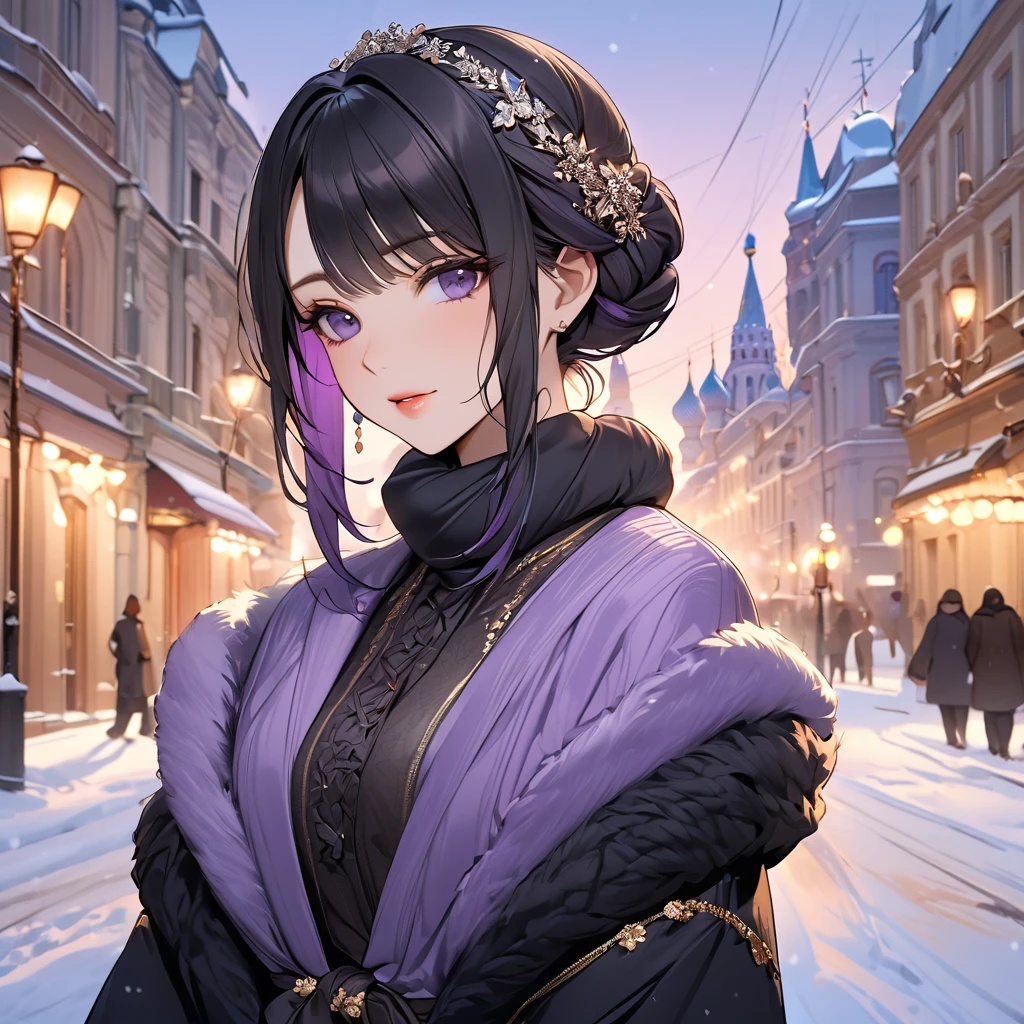 ((Highest quality)), ((masterpiece)), (detailed), （Perfect Face）、The woman is Shinobu Kocho, a Russian with black hair in a purple gradient bob style, tied up in a formal evening hairstyle.、In the winter streets of Russia, a woman is beautifully dressed in everyday Russian winter clothes and luxurious accessories.