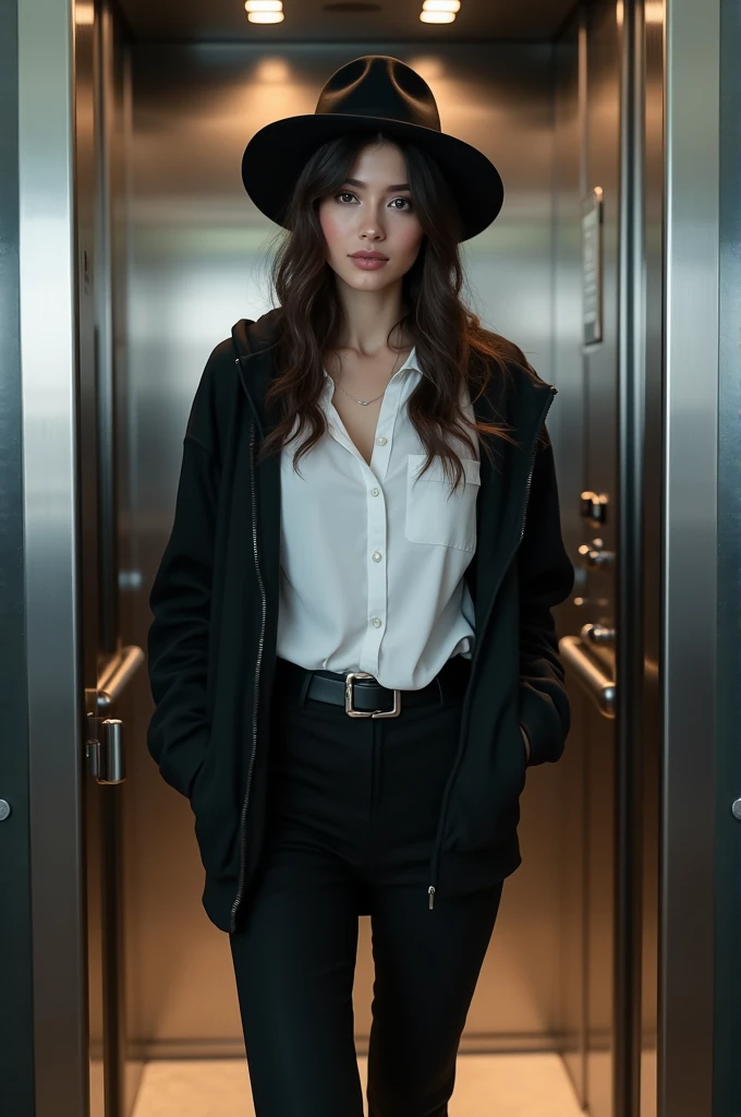 a 24 year gorgeous girl coming outside from elevator door the girl wearing white shirt and blanck pants and black huddi. she is also wearing a black hate on her head.