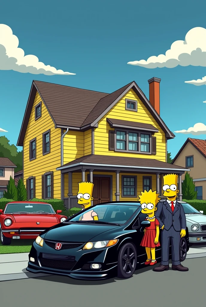A photo in front of the original house from the Homer Simpson series with his Bart family, lissa, Maggie and Grandpa and friends dressed up and gangsters admiring several Honda cars including a black tuned 2008 Honda Civic Si coupe