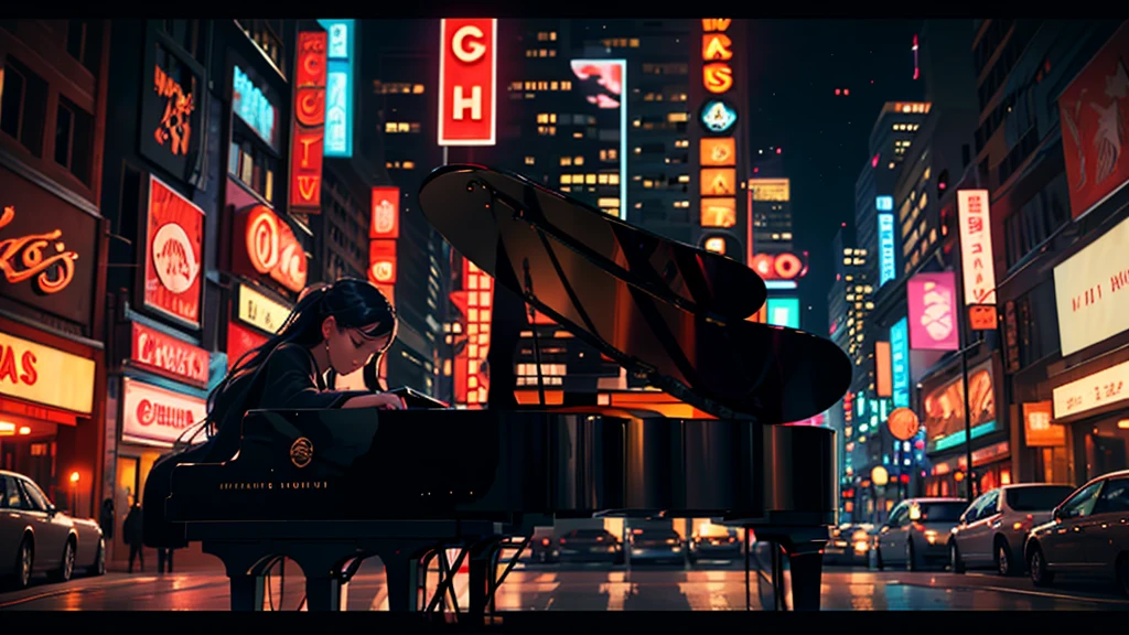 [Core Concept] A young woman playing piano in the middle of an urban street.

[Character Description] A beautiful, youthful woman with delicate features and graceful movements, her fingers dancing across the piano keys with elegant poise and concentration.

[Environment/Background] The scene takes place on a bustling urban street, surrounded by towering buildings, neon signs, and the hustle and bustle of city life. Pedestrians and vehicles weave through the background, creating a dynamic and vibrant atmosphere.

[Style and Atmosphere] The image has a dreamlike, almost surreal quality, with a soft, romantic lighting that bathes the woman and her piano in a warm, ethereal glow, contrasting with the gritty, modern urban setting.

[Composition] The woman and her piano are positioned at the center of the frame, commanding attention and creating a striking focal point. The surrounding cityscape frames and complements the central figure, drawing the viewer's eye towards the mesmerizing performance.

[Details and Embellishments] The woman's expression is one of deep focus and passion, her eyes closed as she loses herself in the music. The piano itself is a sleek, grand instrument, its glossy black surface reflecting the lights of the city.

[Technical Specifications] The image is rendered in a photorealistic style, with a high level of detail and attention to lighting, texture, and perspective, creating a sense of immersion and realism.