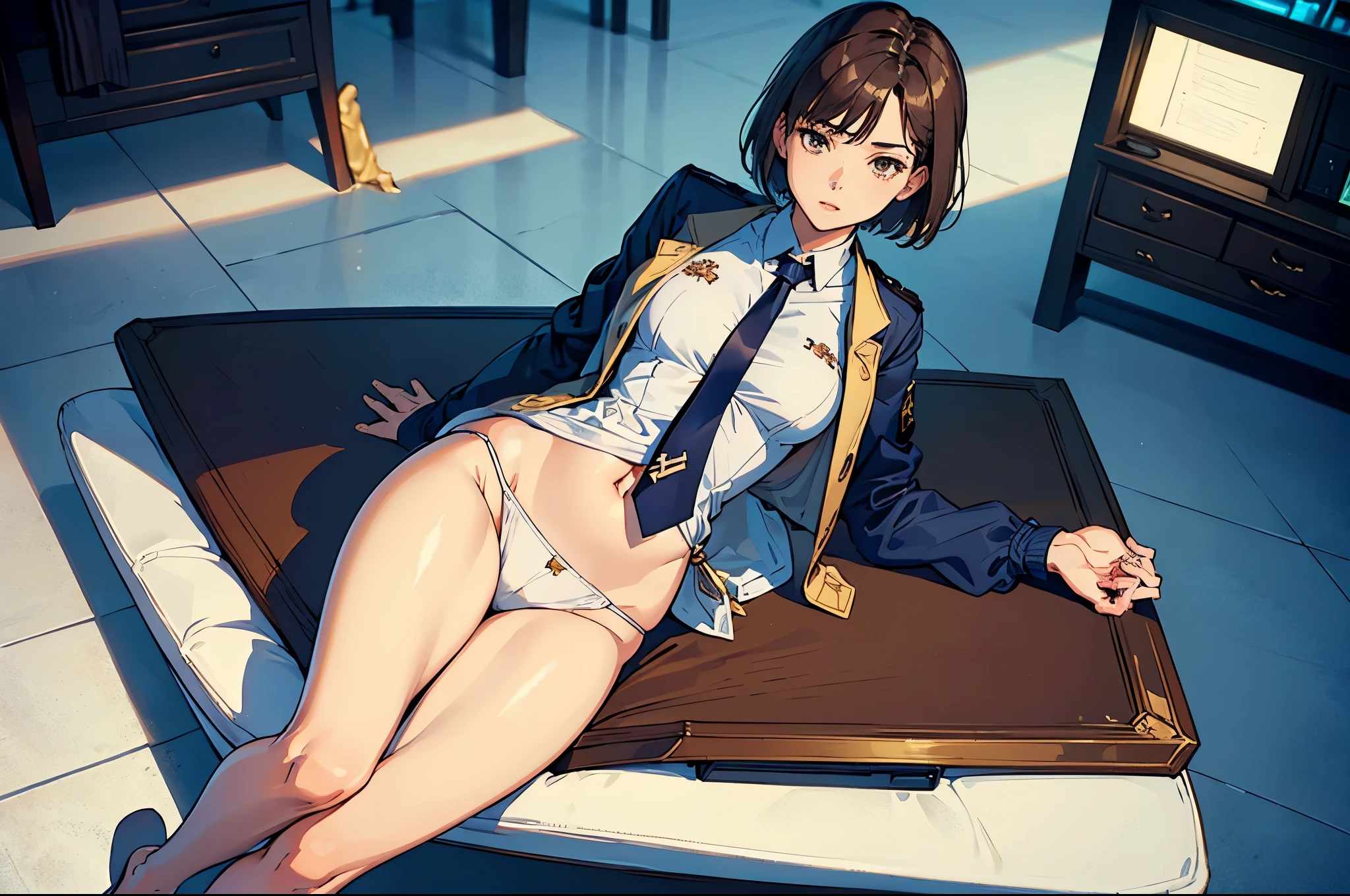 masterpiece,(Perfect Anatomy:1.5), highest quality, 1 lady , slender, leggy, Seductive, short hair, brown hair, (wear a white long sleeved shirt, tie, navy officer winter jacket:1.5), white bikini panties , barefoot, Perfect hands, Perfect body, reclining, lying on a sofa, leg up , looking away, ((Exquisite detail)), Very finely crafted fingers(((10 fingers))), (full body showcase), (Show your whole body), (no background), (No logo) , high resolution, parted lips, belly button