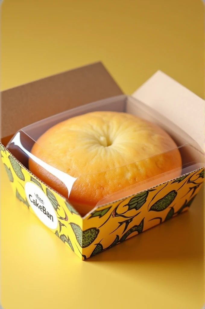 Help me create packaging for a banana cake, that the cake has a transparent film covering and a cardboard label decorated with banana figures and the name cakeban, It is for distribution in supermarkets