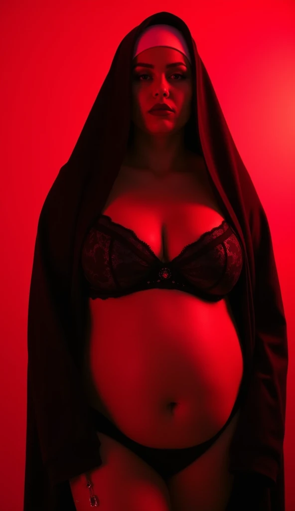 Sexy demonic nun poses for photoshoot, Wearing lingerie, Naked Women, Body without clothes, Large Breasts, Thick thighs, I can see her small waist and pussy, Show off your breasts, red neon lights, Red background, Aesthetics of dark synths, Fashion aesthetic fetish, Perfect body, Sexy Pit, Female Devil, Gothic Fashion, Gothic aesthetics, Vampire Aesthetics.、Fat pregnant woman、Thick waist、Face of a middle-aged woman with a plump body、Beautiful expression、Big Belly、Full body portrait、High heels、tail、Full body portrait、The whole body is projected, (A sadistic smile of temptation), (Curvaceous), ( 信じられないほど大きなCurvaceousのヒップ), (Incredibly thick thighs), (Glowing Skin), (Wet oily skin), Plus Size Model,Spread your legs wide to expose your crotch,