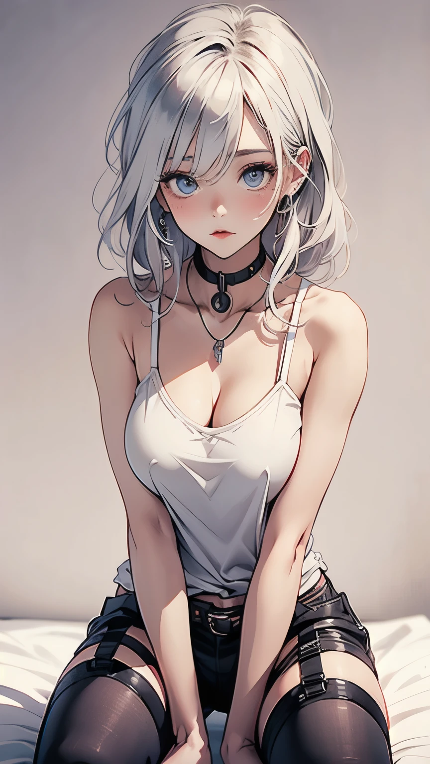 1 Girl, White hair, Large Breasts, Animation drawing author:ross tran, pixiv, Artistic Process, Attractive anime girl, Perfect white-haired girl, Short girl with white hair, Clean and detailed anime art, (4K Digital Art!!), Beautiful anime girl, Beautiful and charming anime woman, Charming anime girl, Top rated on Pixiv, stocking, Sitting in riding position, Almost covers the chest, thigh