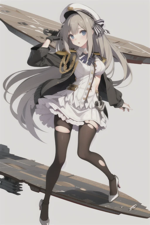 lexington \(warship girls r\),((masterpiece)),(((best quality))),((ultra-detailed)),((illustration)),((disheveled hair)),((frills)),(1 girl),(solo),
1girl, black legwear, blue eyes, braid, breasts, damaged, hair ribbon, hat, high heels, jacket, long hair, looking at viewer, medium breasts, open mouth, pantyhose, peaked cap, shoes, skirt, solo, torn clothes, torn dress, torn gloves, torn jacket, torn legwear, torn leotard, torn panties, torn pants, torn shirt, torn skirt, torn sleeves, uniform, very long hair, white headwear, flaxen hair, Brown stockings, stockings, Broken flight deck, torn flight deck, Flight deck at waist level