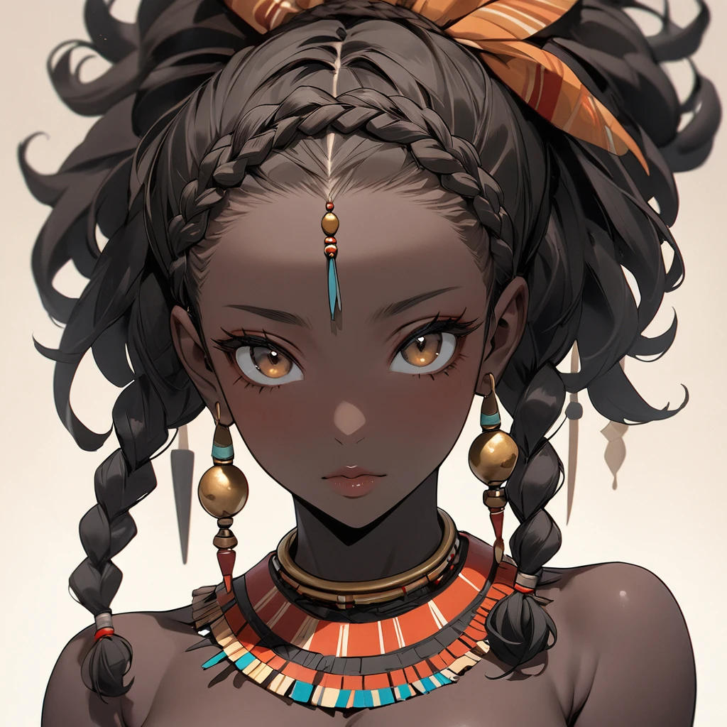 ((Highest quality)), ((masterpiece)), (detailed), （Perfect Face）、The woman is Yuuki Asuna, a black woman with pitch black skin and naturally curly hair. She has light brown hair that is very short and naturally curly, and her afro hair is braided into dreadlocks that are swept back in a tribal hairstyle. She is an African black woman with black skin, natural curly hair that is braided into dreadlocks and swept back in a tribal hairstyle. She has tribal makeup, black nipples, and tattoos all over her body. Her tribal costume is beautiful and nude, and does not cover her breasts.、The woman was a complete African native nude tribeswoman, and had become a nude tribeswoman in both body and mind.、The woman is a native African woman and a member of the tribe&#39;s nude tribe, living happily with her friends.、The woman is a beautiful native African tribal woman.