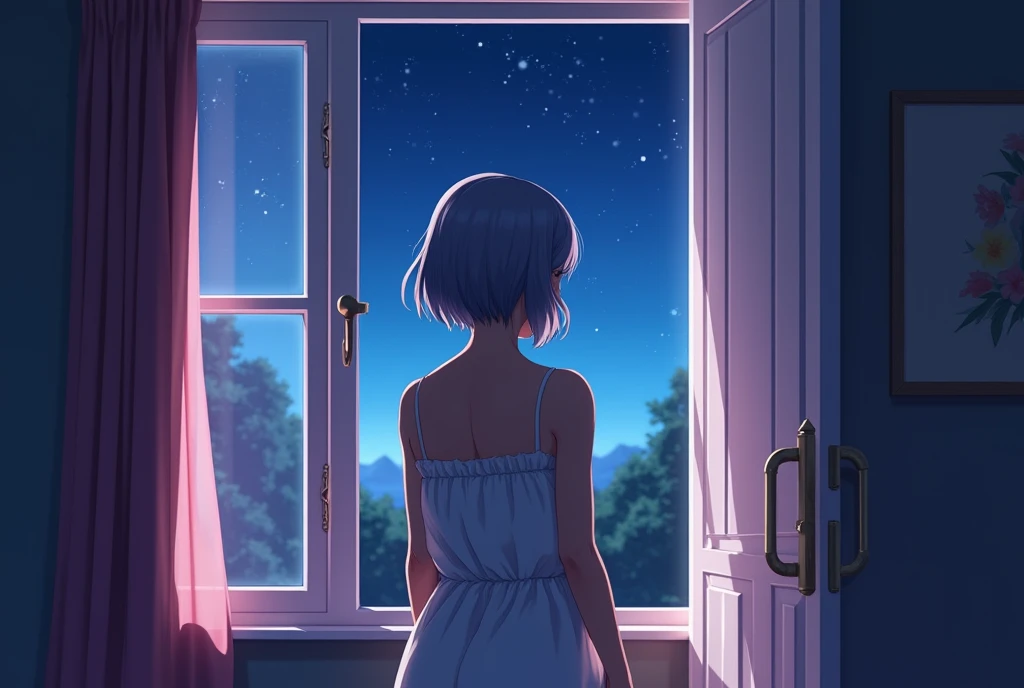 The scene where a house elder women turns her back and lock the door. Her back view of her wearing a nighty in the room. nighty with short slaves and open neck relax dress. The curtain should be closed the windows in the room and should be depicted inside the night. The background should be bright and colorful, dynamic, anime art.