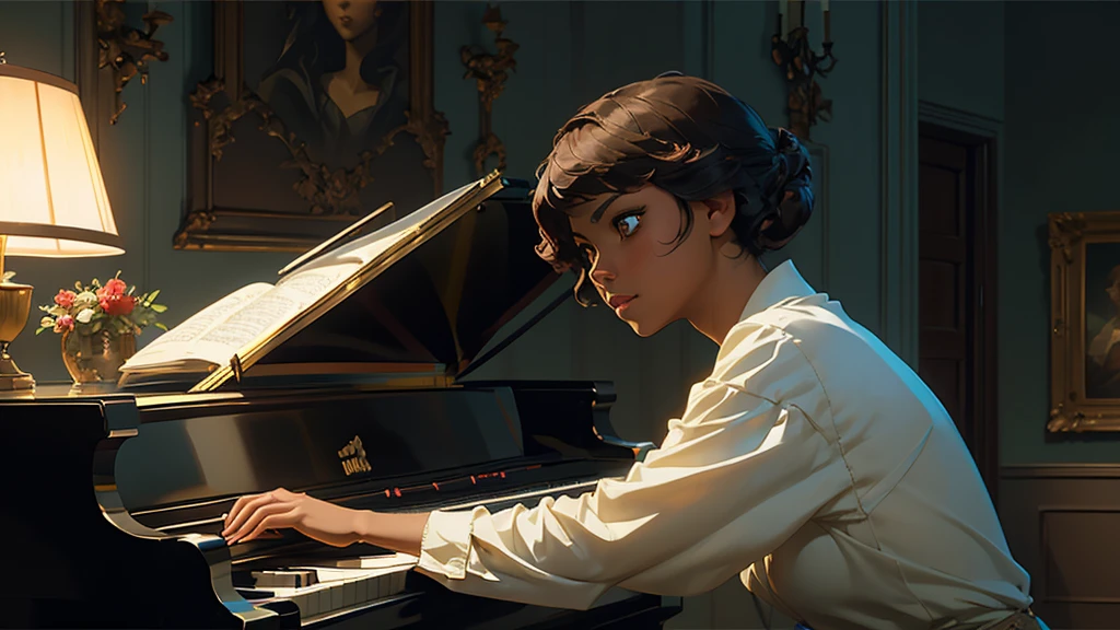 ((Solo Beautiful european woman with dark skin and striking eyes)), shadowed interior background, art by akihiko yoshida, manga art style, colorfield illustration, Scary atmosphere, global illumination, by frank frazetta, art by goro fujita, glamour shot, banner, blur, anime key visual, (blue, yellow and grey colors), dramatic photo, anime girl, Intricate details, chiaroscuro, pino daeni, impressionist (best quality, masterpiece), play a piano