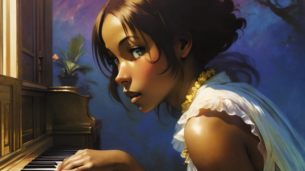 ((Solo Beautiful Caribbean woman with dark skin and striking eyes)), shadowed interior background, art by akihiko yoshida, manga art style, colorfield illustration, Scary atmosphere, global illumination, by frank frazetta, art by goro fujita, glamour shot, banner, blur, anime key visual, (blue, yellow and grey colors), dramatic photo, anime girl, Intricate details, chiaroscuro, pino daeni, impressionist (best quality, masterpiece), play a piano