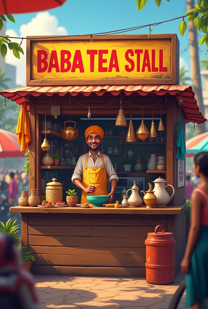 Generate a image of tea stall named "BABA TEA STALL" located in kota city in front of unacademy coaching 