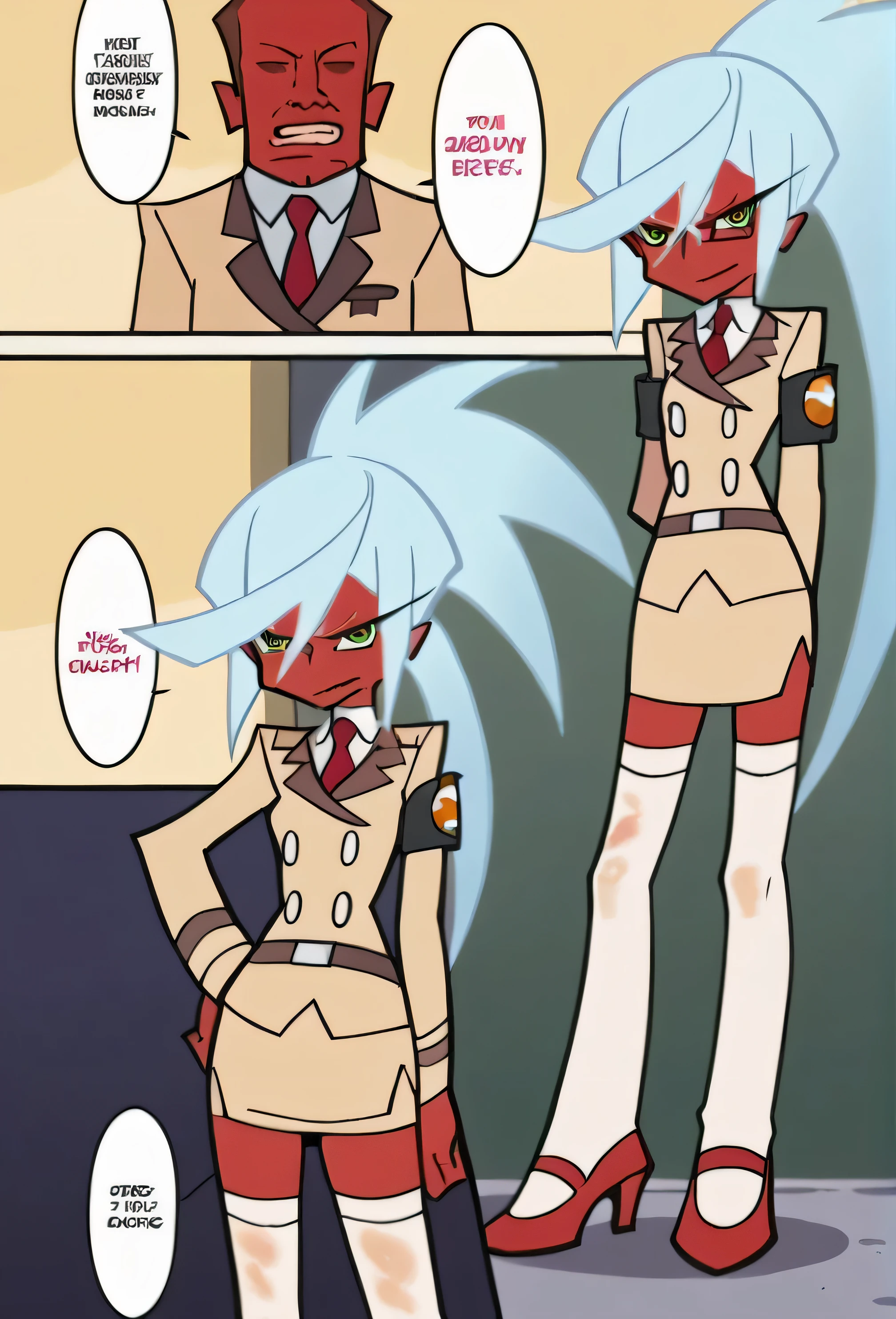 (nsfw:1), (Uncensored:1), p&s style, rating_safe, score_10, sharp, anime screencap, flat shadows, flat colors, score_9, score_8_up, score_7_up, source_anime, BREAK (1page),comic,Multi view, Frame, Text, speech bubble, frame, focus line, comic expression, Sound effect, 1girl, solo focus, (full body:1.3), (cowboy shot), blush, open mouth, short, size difference, sassy, smug, smirk, flirting, anime screencap, flat shadows, flat colors, kneesocks, glasses, red skin, blue hair, ponytail, horn, demon horn, beige uniform, (((beige skirt suit))), necktie, miniskirt, (((beige blazer))), (((brown lapel))), (((belt))), (((white thighhighs))), high heels, shiny skin, oily skin, dynamic pose, messy, gunged, wet and messy, covered in oil, goop