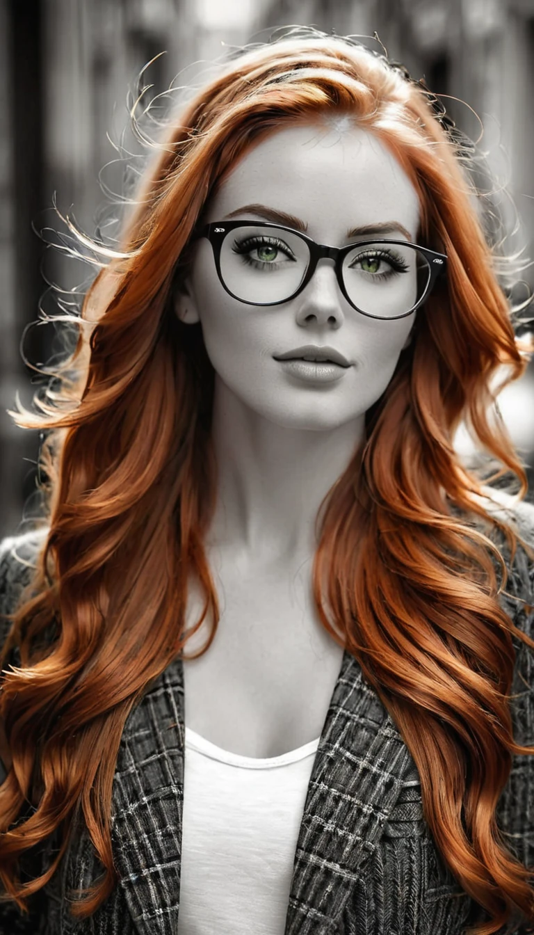 Photo noir et blanc et deux autres couleurs, une sublime femme rousse heureuse et rayonnante de bonheur aux yeux verts sublimes, (longs cheveux roux électriques très détaillés), une grande paire de fines lunettes en titane , une peau impeccable, tir de tout le corps, intensité du regard captivant, style de photographie fantaisiste, capturé avec un appareil photo, Cinématique, Éclairage dramatique, Extrêmement clair, masterpiece surréaliste à couper le souffle.
