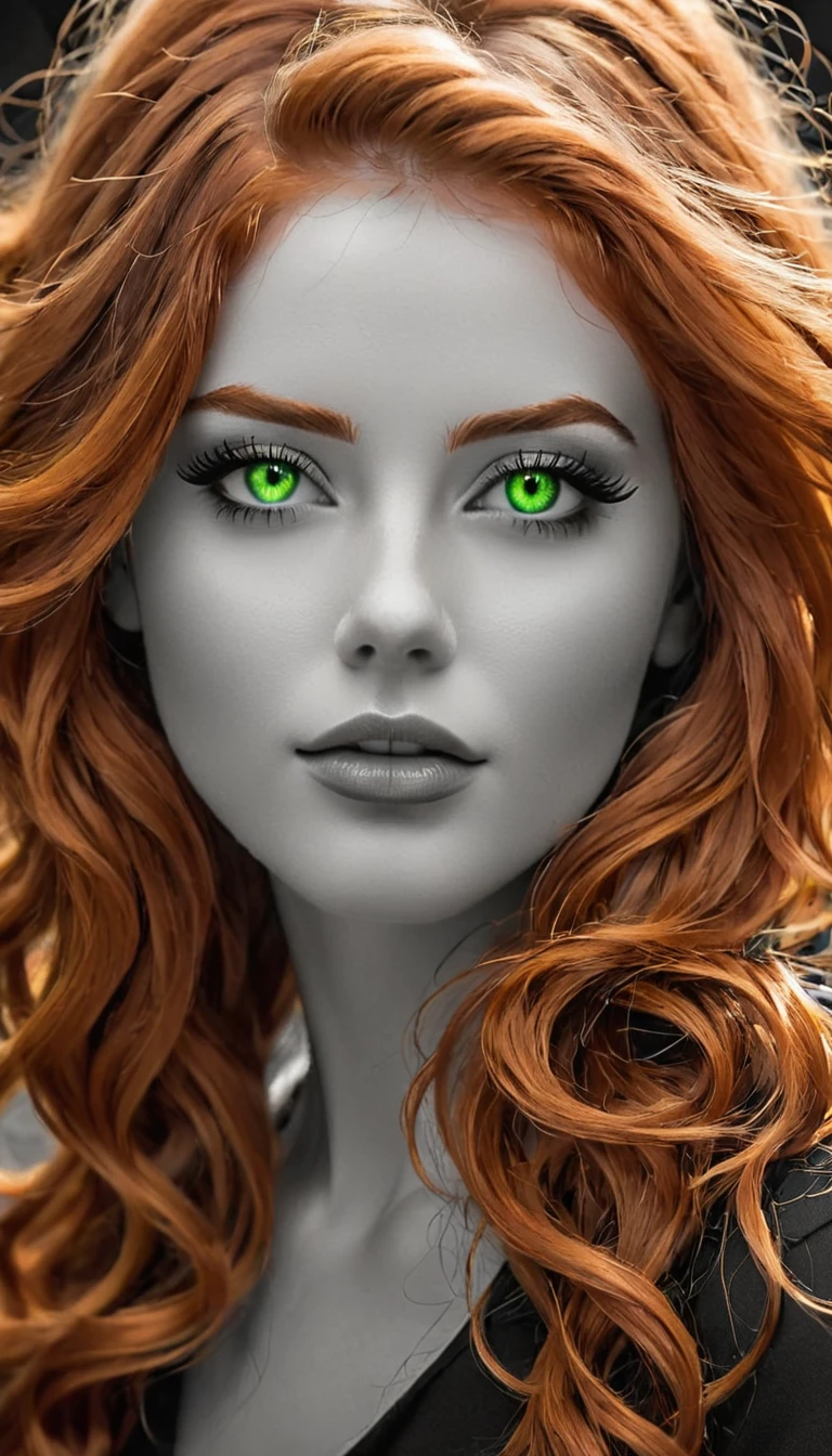 Photo noir et blanc et deux autres couleurs, une sublime femme rousse heureuse et rayonnante de bonheur aux yeux verts sublimes, (longs cheveux roux électriques très détaillés), une grande paire de fines lunettes en titane , une peau impeccable, tir de tout le corps, intensité du regard captivant, style de photographie fantaisiste, capturé avec un appareil photo, Cinématique, Éclairage dramatique, Extrêmement clair, masterpiece surréaliste à couper le souffle.
