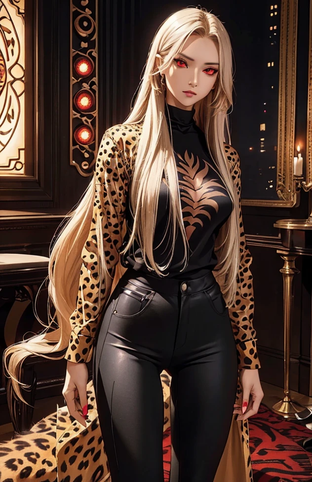 Woman with long hair straight, cheetah skin in shirt, high detailed, realistic, ultra realistic, villain, cheetah skin shirt and ((black skinny pant)), cheetah skin shirt, ((red eyes))
