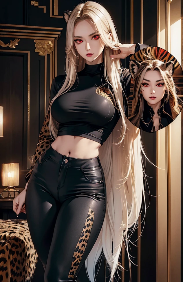 Woman with long hair straight, cheetah skin in shirt, high detailed, realistic, ultra realistic, villain, cheetah skin shirt and ((black skinny pant)), cheetah skin shirt, ((red  eyes))