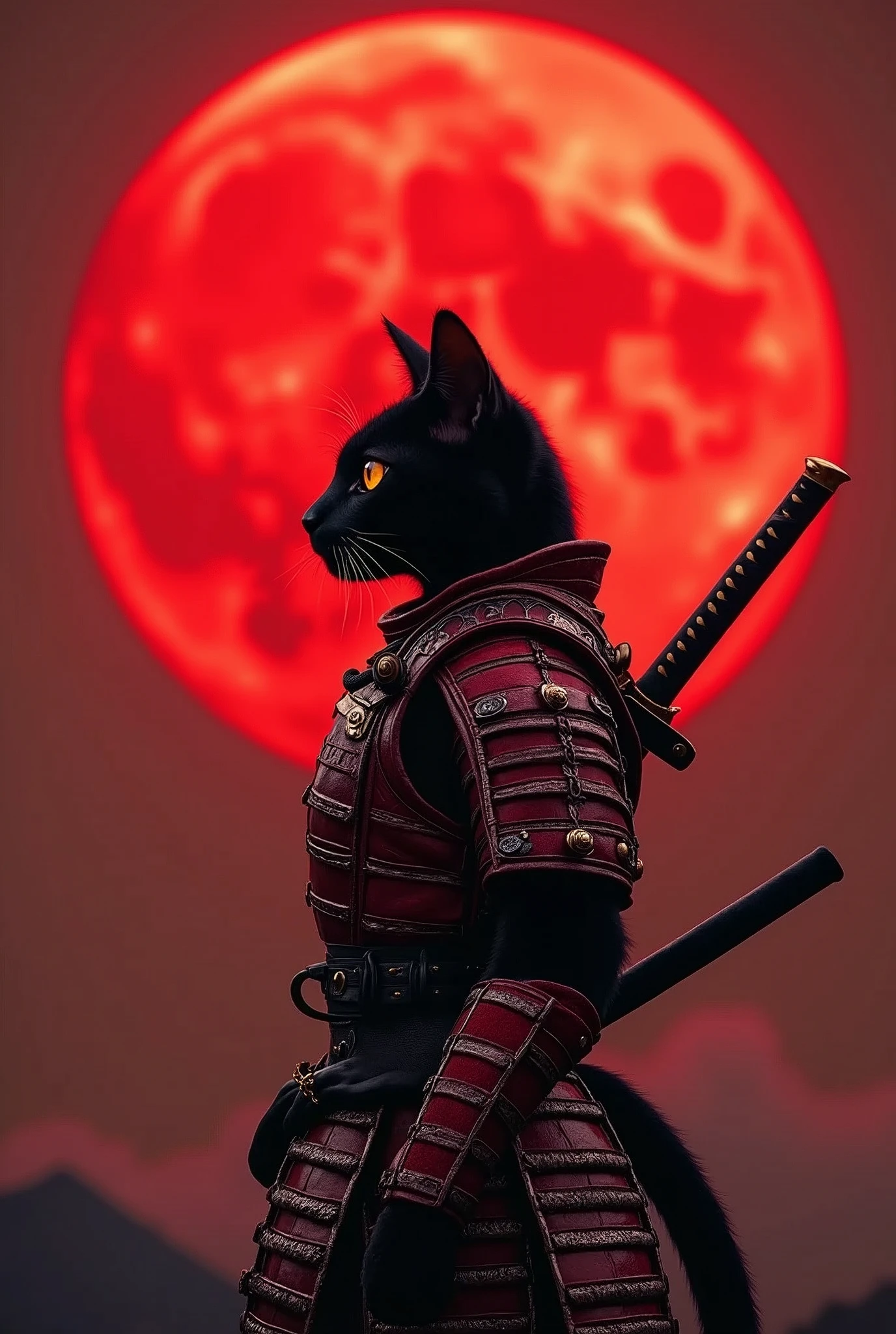 The image features a humanoid black cat with orange cat eyes in a red and silver samurai warrior's attire, standing against a backdrop of a large red moon the sky is glowing a dark red glow from the reflection of the moon light. The cat is positioned to the left side of the frame, facing right with its head slightly tilted upwards. It is wearing a detailed armor that resembles traditional samurai armor, complete with intricate designs and patterns. The armor is primarily red with silver accents, adding to the visual depth. The cat's ears are perked up, and its eyes are focused on something in the distance. A sword is sheathed on the cat's back, suggesting readiness for battle or a ceremonial stance holding a samurai long sword at the ready to battle. The red moon in the background casts an orange hue over the scene, creating a dramatic and intense atmosphere, retina, accurate, masterpiece, super detail, high details, best quality, award winning, highres, HD, 4K, 8k, 16k, retina, accurate, masterpiece, anatomically correct, textured skin, super detail, high quality, award winning, highres, 8k, 16k