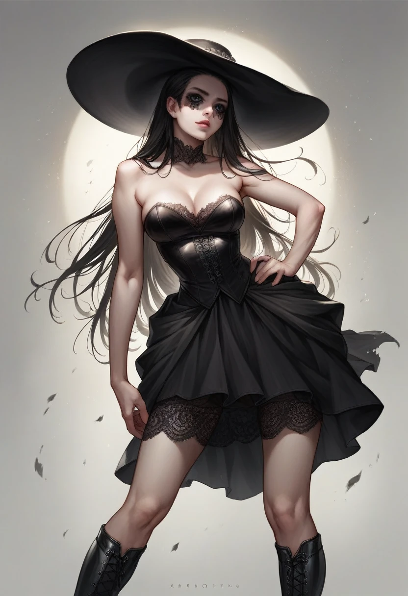 a woman in a long black dress, a-line skirt with high slits, strapless top with sheer lace, wearing a large black hat with black lace veil, black over-the-knee stilettos boots, detailed face, detailed eyes and lips, dramatic lighting, dark and moody atmosphere, photorealistic, masterpiece, ultra-detailed, 8k, hyper-realistic