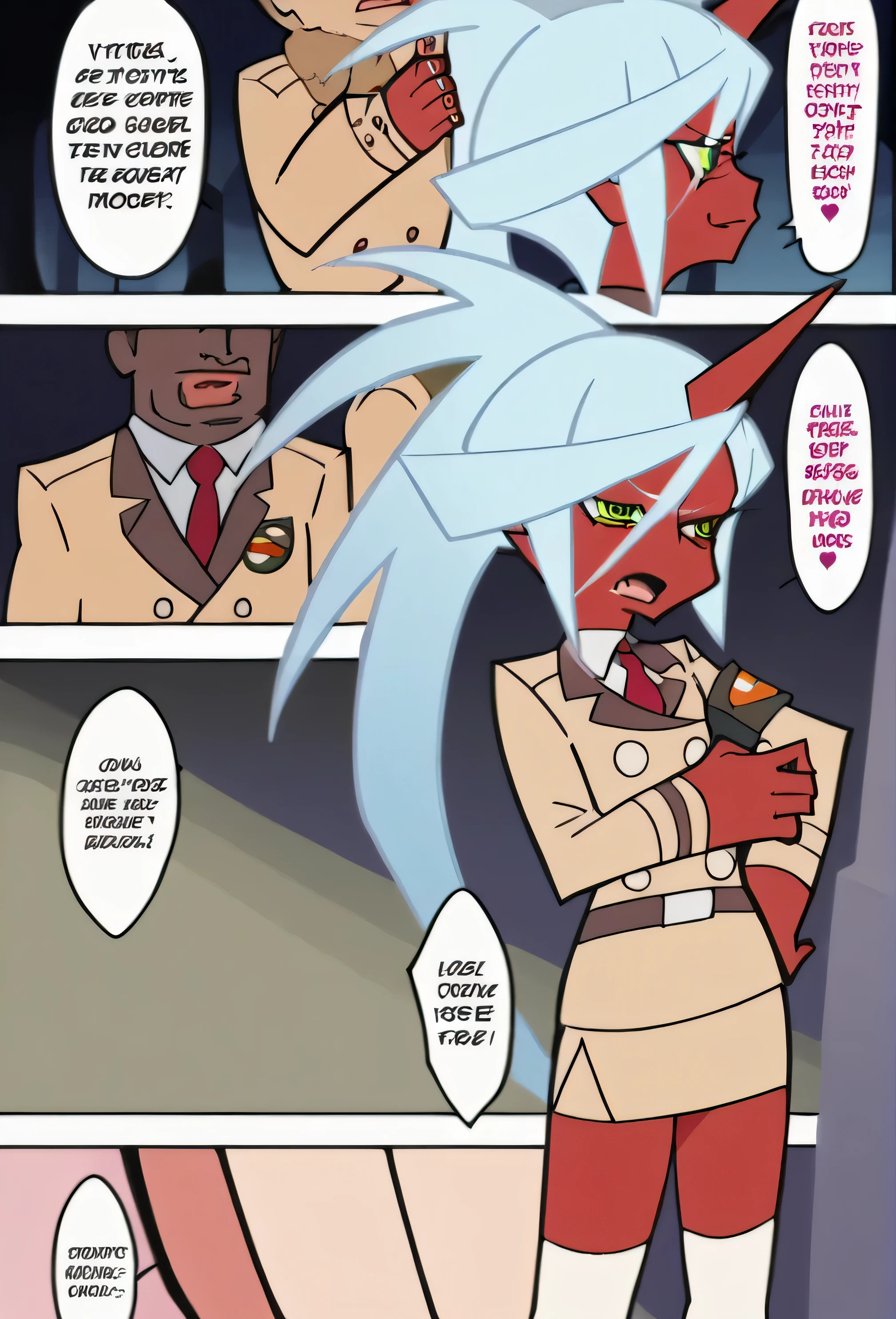 (nsfw:1), (Uncensored:1), p&s style, rating_safe, score_10, sharp, anime screencap, flat shadows, flat colors, score_9, score_8_up, score_7_up, source_anime, BREAK (1page),comic,Multi view, Frame, Text, speech bubble, frame, focus line, comic expression, Sound effect, 1girl, solo focus, (full body:1.3), (cowboy shot), blush, open mouth, short, size difference, sassy, smug, smirk, flirting, anime screencap, flat shadows, flat colors, kneesocks, glasses, red skin, blue hair, ponytail, horn, demon horn, beige uniform, (((beige skirt suit))), necktie, miniskirt, (((beige blazer))), (((brown lapel))), (((belt))), (((white thighhighs))), high heels, shiny skin, oily skin, groping male, foreplay, kissing
