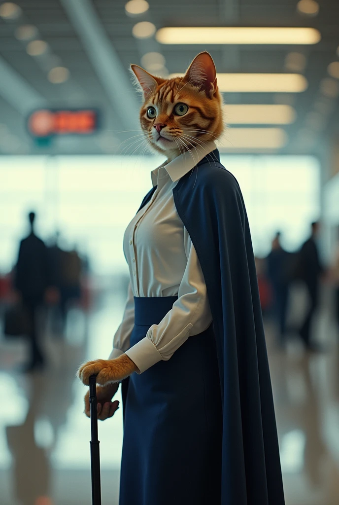 35mm lens,Multiple angles,full-body shot,漂亮的Cat,Personification,Back,side,silhouette,Overhead shot,Cat,Standing,doll,Airline stewardess,Trolley case,,AIRPORT,Airline stewardess, cloak,Ruan Jia,,Work clothes,tie, full-body shot,(Delicate face), (Fine fluffy fur),(35mm Cinema Lens),(Multi-angle shooting),(many viewing angles)