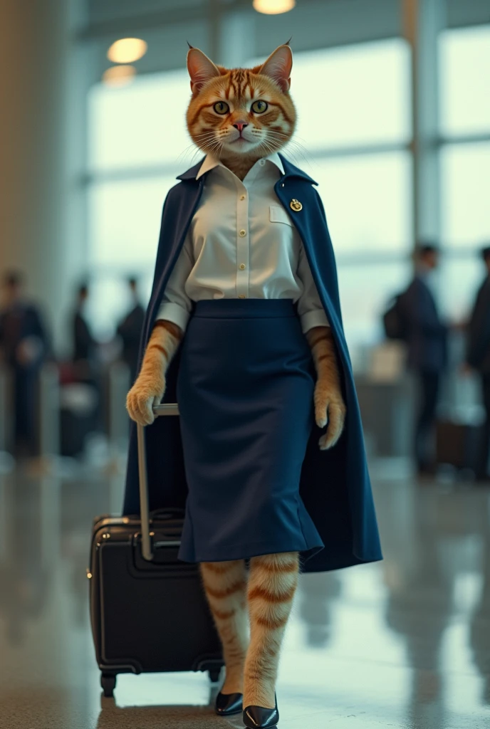 35mm lens,Multiple angles,full-body shot,漂亮的Cat,Personification,Back,side,silhouette,Overhead shot,Cat,Standing,doll,Airline stewardess,Trolley case,,AIRPORT,Airline stewardess, cloak,Ruan Jia,,Work clothes,tie, full-body shot,(Delicate face), (Fine fluffy fur),(35mm Cinema Lens),(Multi-angle shooting),(many viewing angles)