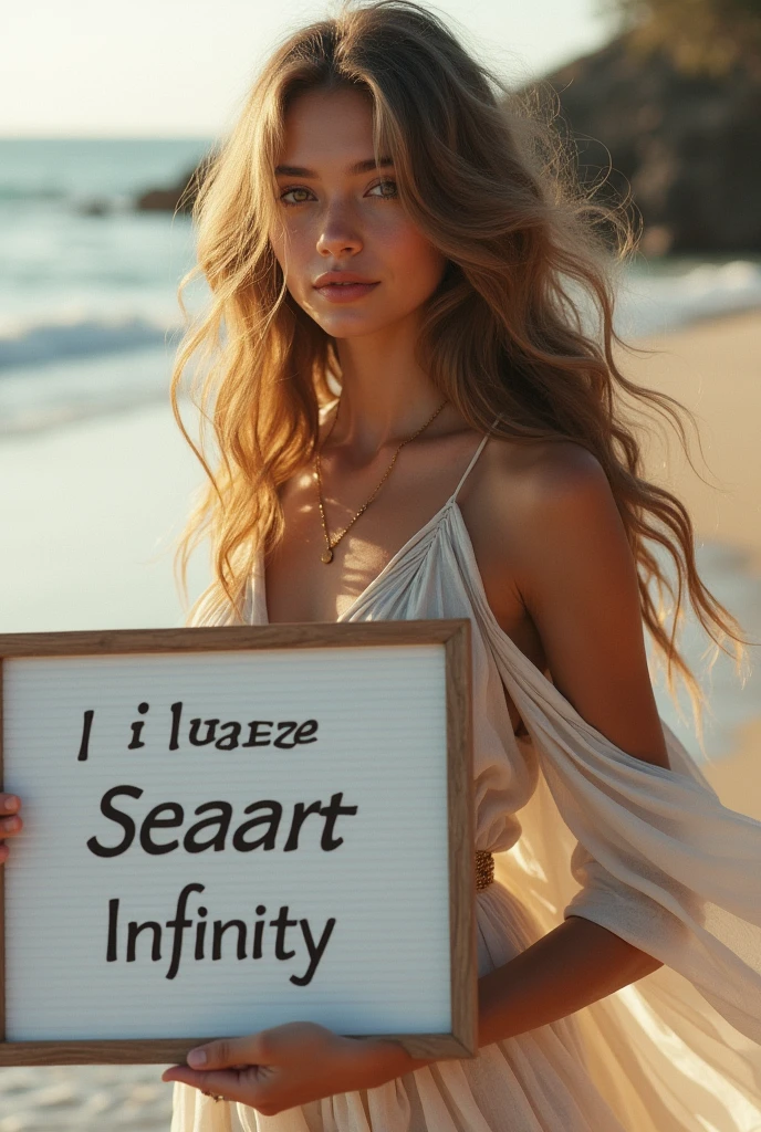 Beautiful girl with wavy long hair, bohemian dress, holding a white board with text "I Love Seaart Infinity" and showing it to the viewer