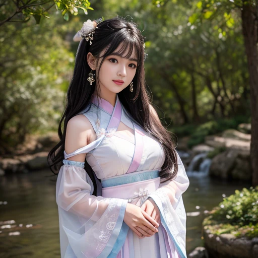 best quality, Delicate face，beautiful visual work, lifelike, eternity, black hair, Long curly hair, blunt bangs, Smile, Detailed Background, Delicate face，blush，cold，((masterpiece))、(top quality)、8k、high detail、Super detailed，21 years old female，身穿唐制Hanfu、waist skirt, Clothes are light and fluffy，Hanfu, wide sleeves, Transparent sleeves, Tunic, Clothes made of chiffon, masterpiece、born、Scenes resembling fairy tale illustrations、intricate details和複雜的設計、Beautifully、magic、capricious、 Beautifully、Dream aesthetics、「𝓡𝓸𝓶𝓪𝓷𝓽𝓲𝓬、ethereal、charming、fickle、magic」、realism、Visual effects、FXAA、SSAO、Shader、voiceless、ambient lighting、Tone mapping、High resolution、Ultra high quality、Million pixels、(8K resolution:1.10)、8k、8k以下、8K resolution、high detail、intricate details， (high quality:1.2、masterpiece:1.2、:1.21)、(21 years old female:1.21)、(興奮地Smile)、(被dream般的氛圍所包圍、Model diagram，full-body shot，Normal 2 feet，Put your hands behind you，The protrusion of the breast is visible when wearing clothes, Large Breasts, H cup chest, antiquity, Xian Xia, gauze clothes, Soft and fluttering, Fairy, dream, fantasy, light, Elegant, nature, Immortal, romantic, classical, ribbon, light purple clothes, In the woods, martial arts drama scene