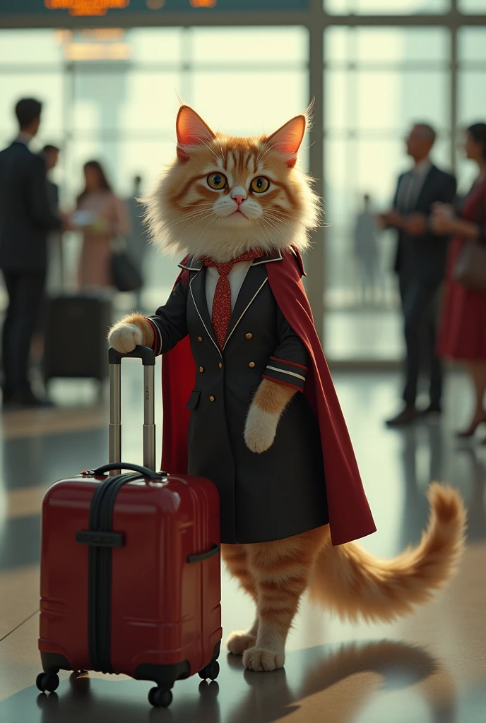 35mm lens,Multiple angles,漂亮的Cat,cute,Sexy,Personification,Back,side,silhouette,Overhead shot,Cat,Standing,doll,Airline stewardess,Trolley case,,AIRPORT,Airline stewardess, cloak,Ruan Jia,,Work clothes,tie, (Delicate face), (Fine fluffy fur),(35mm Cinema Lens),(Multi-angle shooting),(many viewing angles)