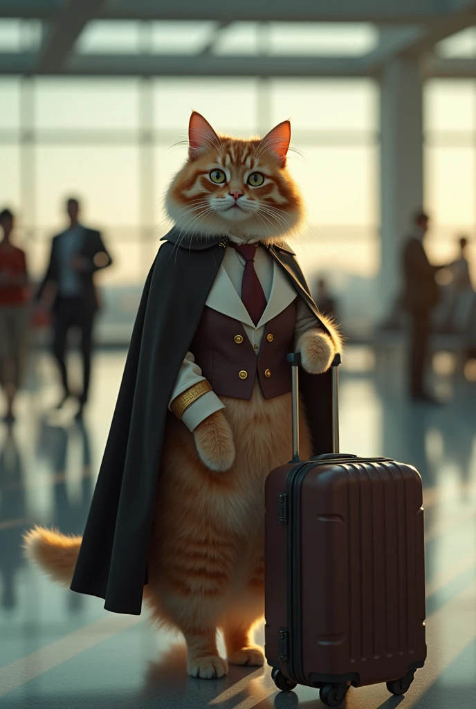 35mm lens,Multiple angles,漂亮的Cat,cute,Sexy,Personification,Back,side,silhouette,Overhead shot,Cat,Standing,doll,Airline stewardess,Trolley case,,AIRPORT,Airline stewardess, cloak,Ruan Jia,,Work clothes,tie, (Delicate face), (Fine fluffy fur),(35mm Cinema Lens),(Multi-angle shooting),(many viewing angles)