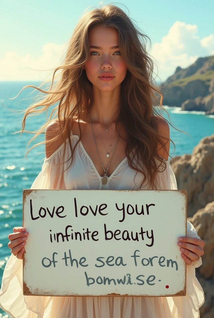Beautiful girl with wavy long hair, bohemian dress, holding a white board with text "I Love
 Seaart Infinity" and showing it to the vie wer