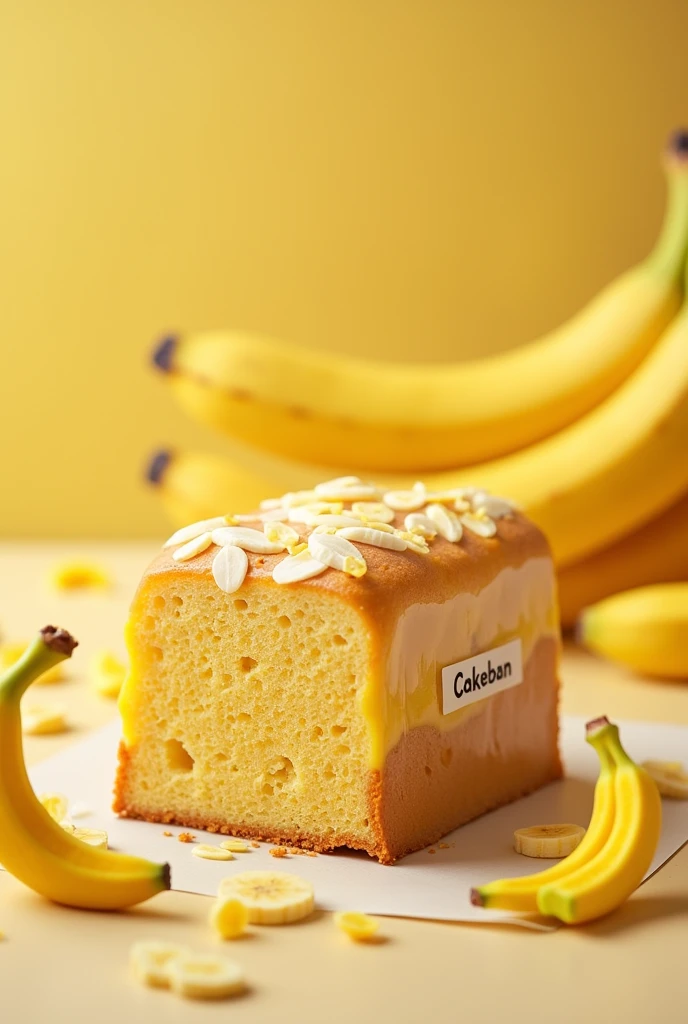 Help me create packaging for a banana cake, that the cake has a transparent film covering and a label or cardboard box decorated with banana figures and the name cakeban, It is for distribution in supermarkets. You should see the cake is a square slice