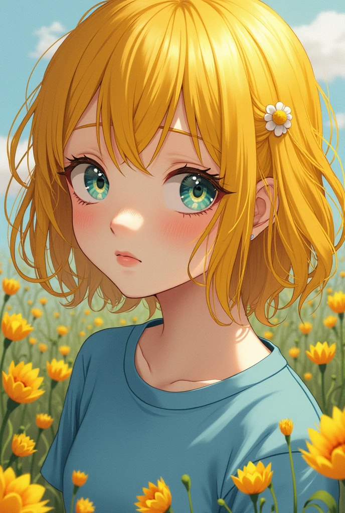 Girl with blue and yellow flowers yellow hair 