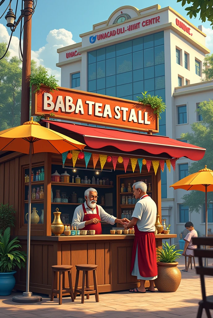 Generate a image of tea stall named "BABA TEA STALL" located in kota city in front of unacademy coaching centre