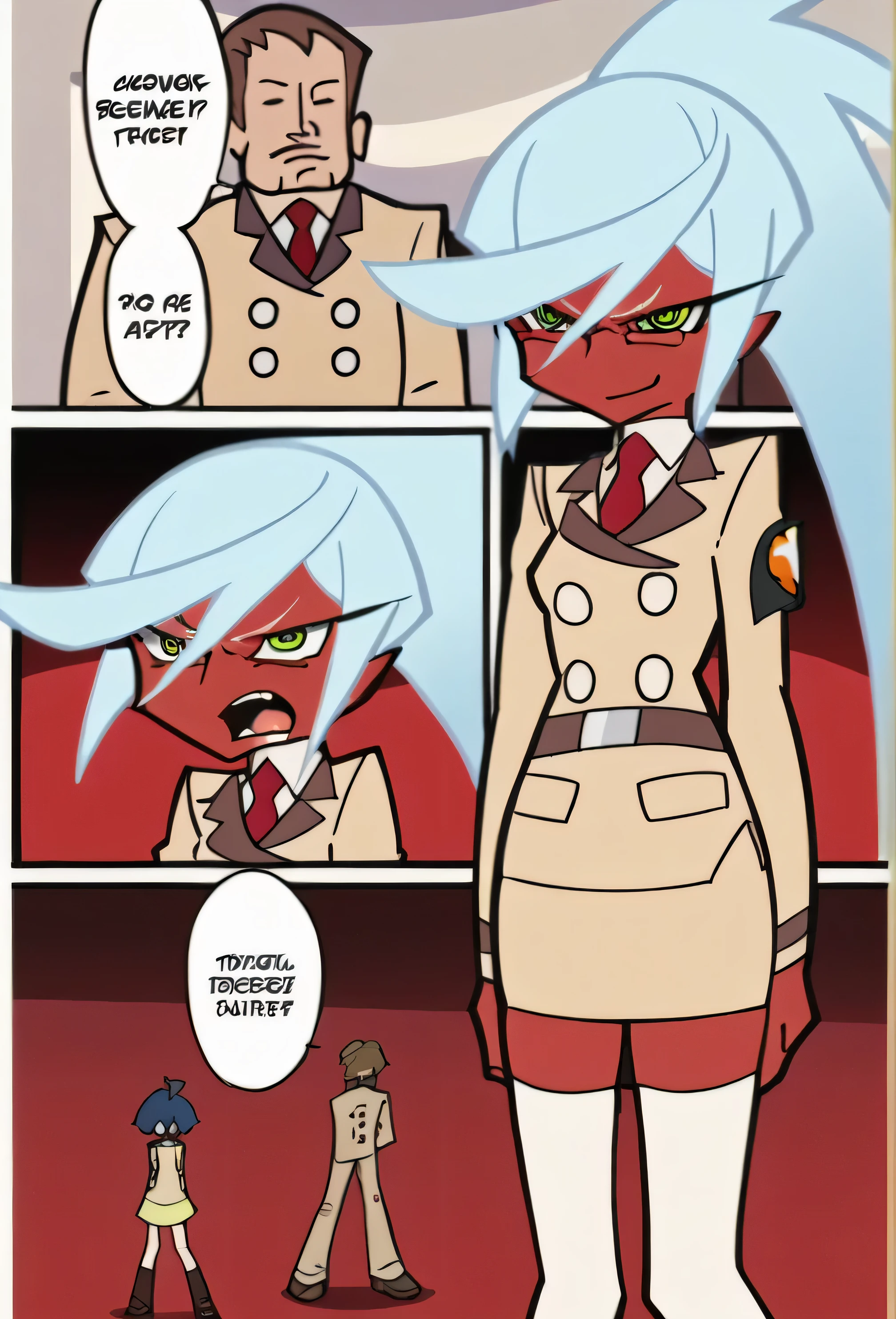 (nsfw:1), (Uncensored:1), p&s style, rating_safe, score_10, sharp, anime screencap, flat shadows, flat colors, score_9, score_8_up, score_7_up, source_anime, BREAK (1page),comic,Multi view, Frame, Text, speech bubble, frame, focus line, comic expression, Sound effect, 1girl, solo focus, (full body:1.3), (cowboy shot), blush, open mouth, short, size difference, sassy, smug, smirk, flirting, anime screencap, flat shadows, flat colors, kneesocks, glasses, red skin, blue hair, ponytail, horn, demon horn, beige uniform, (((beige skirt suit))), necktie, miniskirt, (((beige blazer))), (((brown lapel))), (((belt))), (((white thighhighs))), high heels, shiny skin, oily skin, dynamic pose