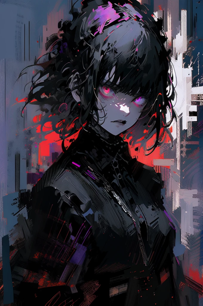 (Highly detailed CG Unity 16k wallpaper:1.3),
(Non-representational art,Bright colors, Wide-angle, The visuals are,Very rough strip:1.3),
Decadent illustration style,Meiji Art,
Pixelated chaos,lith printing,
Ultra-high resolution,
Horror,scared,
(Black Hair,Glowing purple eyes,devil,Goth,Heavy Metal Music Theme:1.5),
 Rainy white background, scenery, ink, Mountain々, water, Open the edge of the wood, Anime Style, 