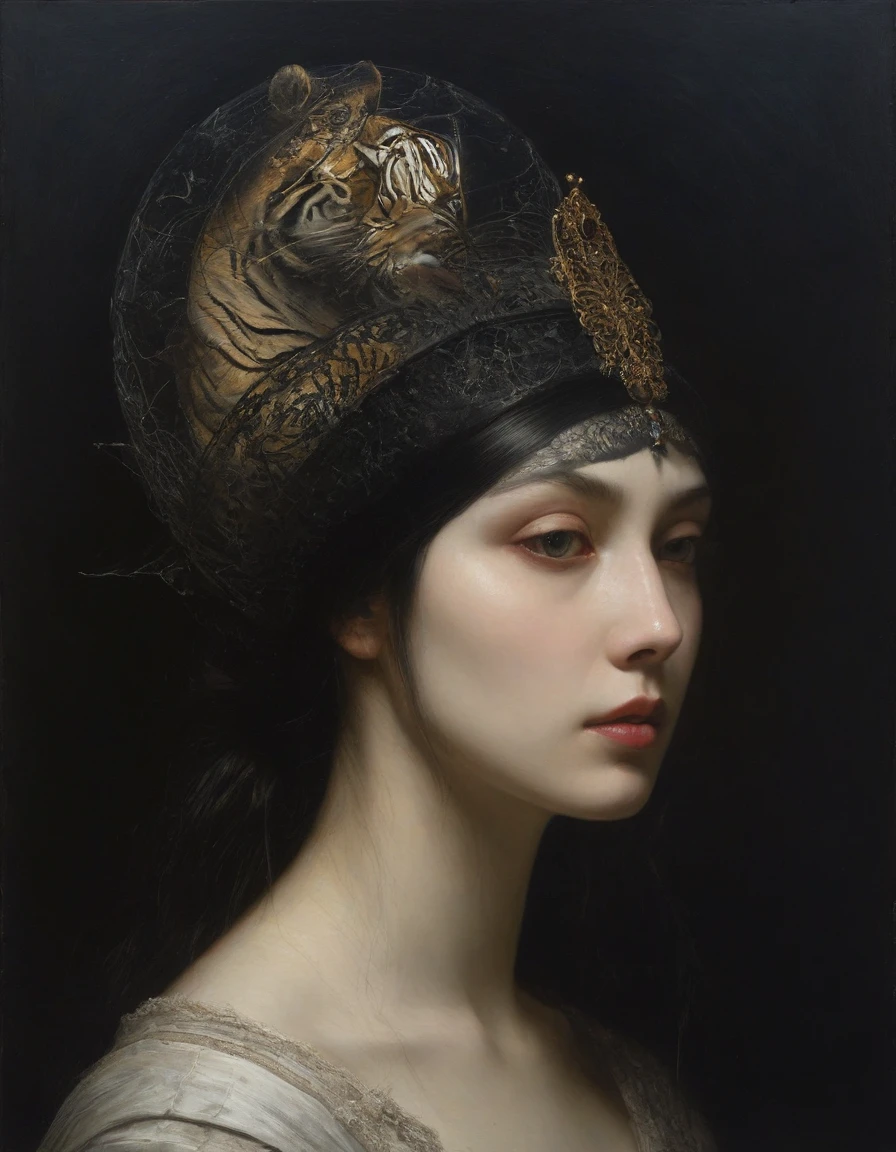 sideview,James Gurney, Surrealist art , dream-like, mysterious, Provocative, symbolic, Complex, detailed,(Gothic but very beautiful:1.4), (masterpiece, Highest quality:1.4) , Nicola Samori Style, Queen of the Tiger