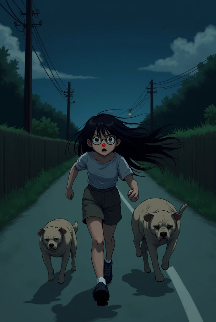 A girl on road chasing 2 dogs
The dogs should be bigger. It should be night time. The girl should have black open hair till chest level. She also should have a round spectacles. And a red round wound in the nose. She should scare the dogs