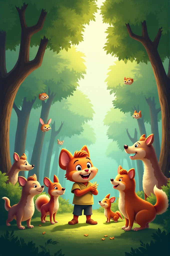 A scene of the forest filled with happy animals, with Sammy at the center, all sharing and playing together under the warm sunlight."