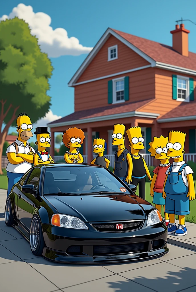 A photo in front of the original house from the Simpsons series with his Bart family, lissa, maggie, Marc, homer lenny, carl, Moe and Grandpa and friends dressed up and gangsters admiring several Honda cars including a black tuned 2008 Honda Civic Si coupe, un honda nsx Antiguo tunneado