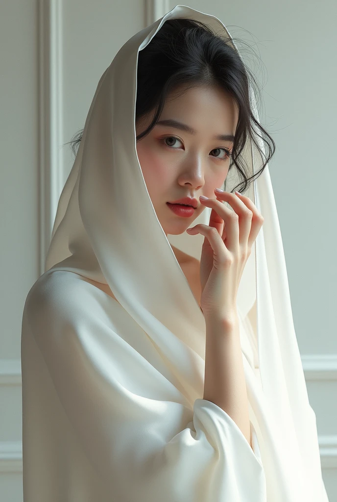 a cute Woman wearing a White cape, dramatically covering her eYes with one hand