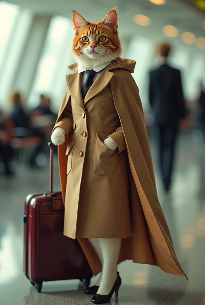 35mm lens,Multiple angles,漂亮的Cat,cute,Sexy,Personification,Back,side,silhouette,Overhead shot,Cat,Standing,doll,Airline stewardess,Trolley case,,AIRPORT,Airline stewardess, cloak,Ruan Jia,,Work clothes,tie, (Delicate face), (Fine fluffy fur),(35mm Cinema Lens),(Multi-angle shooting),(many viewing angles)