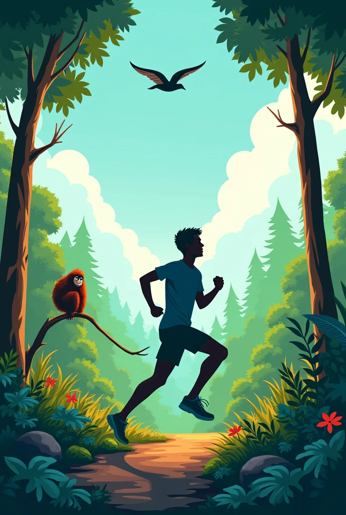 A vibrant and eye-catching nature fun run event poster, featuring a silhouette of a runner surrounded by colorful flora and fauna. The background is a lush green forest with swifts birds and orang utan at the tree and clear sky. The design includes several text boxes and information placards that can be customized with event details, dates, and sponsors. The overall theme of the poster is energetic and inviting, encouraging participants to join in the fun and excitement of the nature fun run., poster